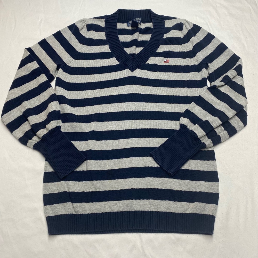 Polo Jeans Co Ralph Lauren Striped V-Neck Sweater Navy Grey Puff Sleeve Large